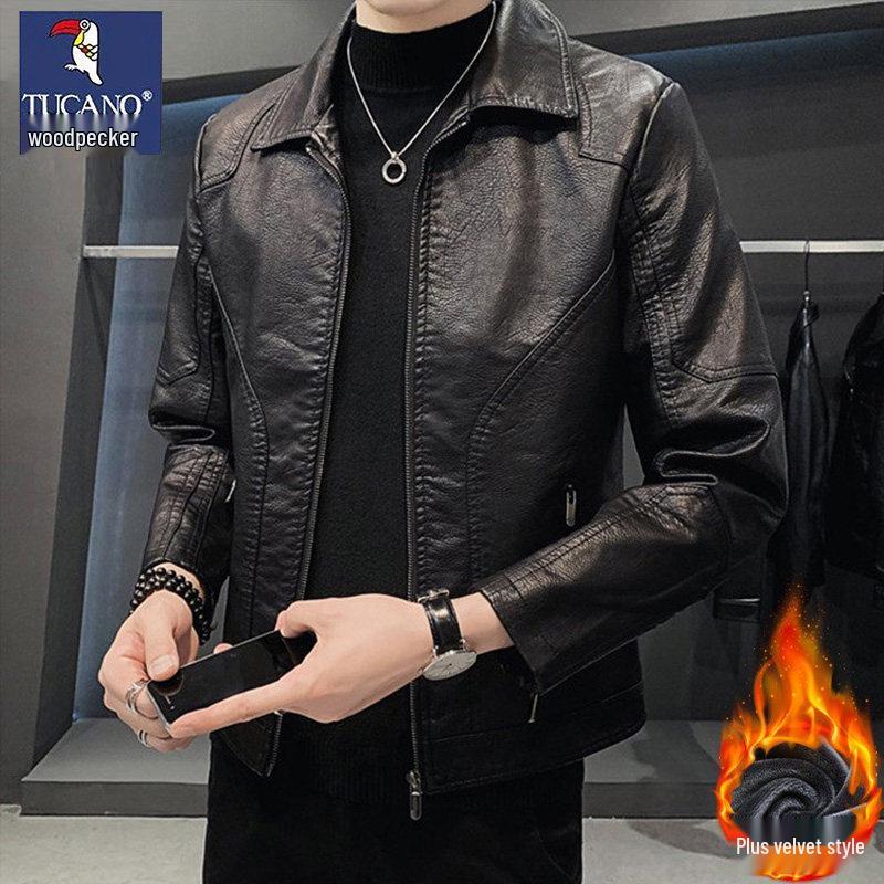 Woodpecker Men's Genuine Leather Motorcycle Jacket - Casual Spring/Autumn Outerwear
