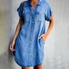 Women Plus Size Denim Dress Knee Length Loose Single Breasted Short Sleeve Irregular Hem Spring Summer Dresses with Pockets