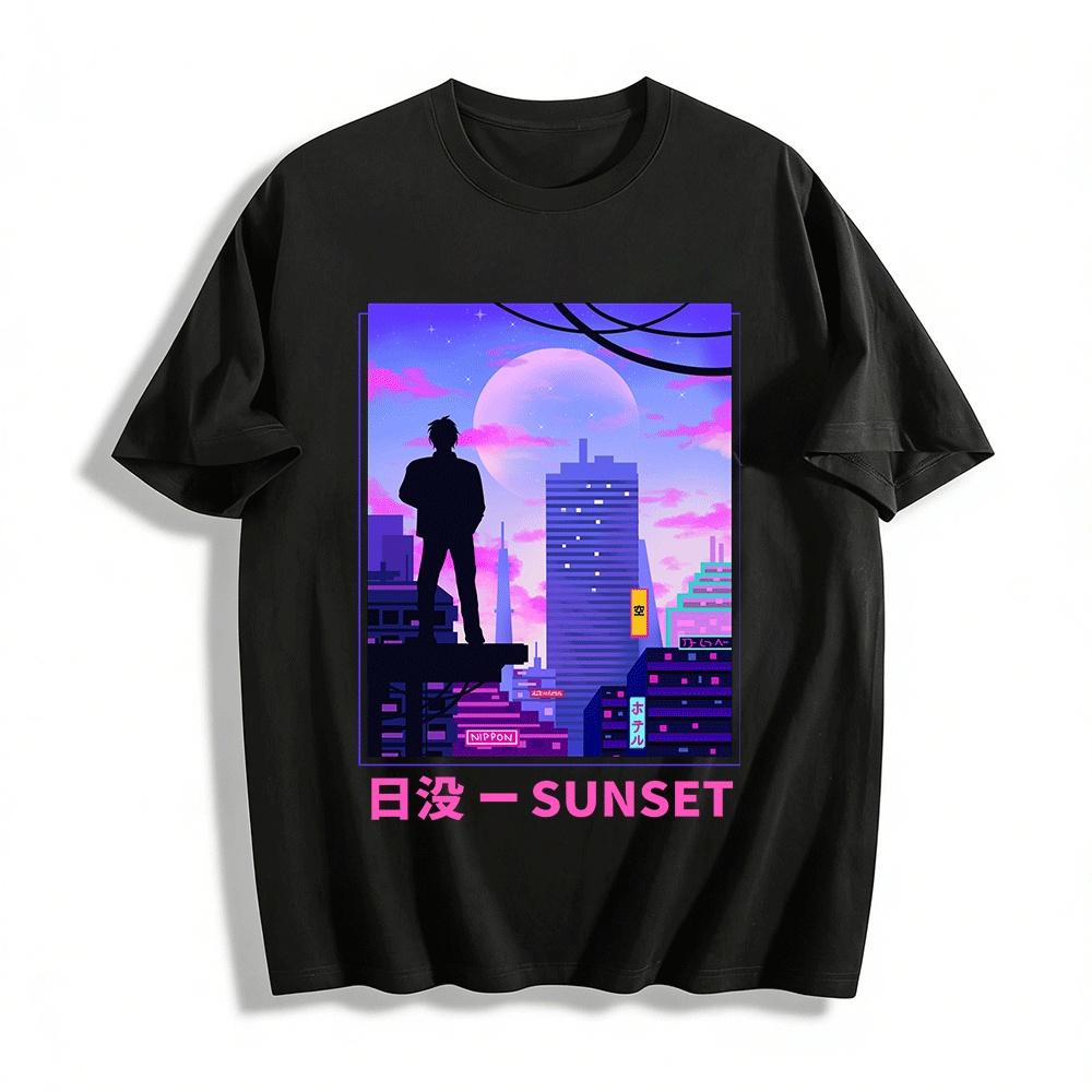 Cyberpunk Sunset City Silhouette Japanese Style Casual Tee Pure cotton T-shirt XXS