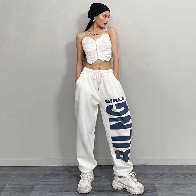 Summer Women White Large Letter Print Quick Dry Jogger Pants Y2K Streetwear Elastic Waist Drawstring Trousers