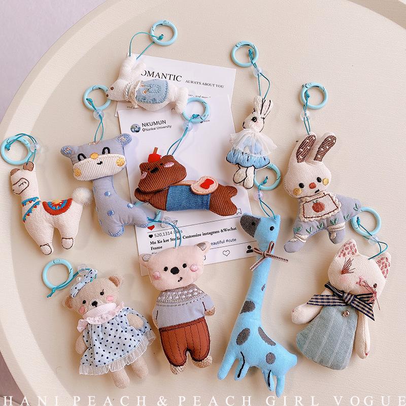 Handmade Linen Animal Keyrings, Soft Fabric Bear/Rabbit Bag Accessories,Cute Animal Plush Keychain, Kawaii Fabric Doll Bag Charms with Blue Clips