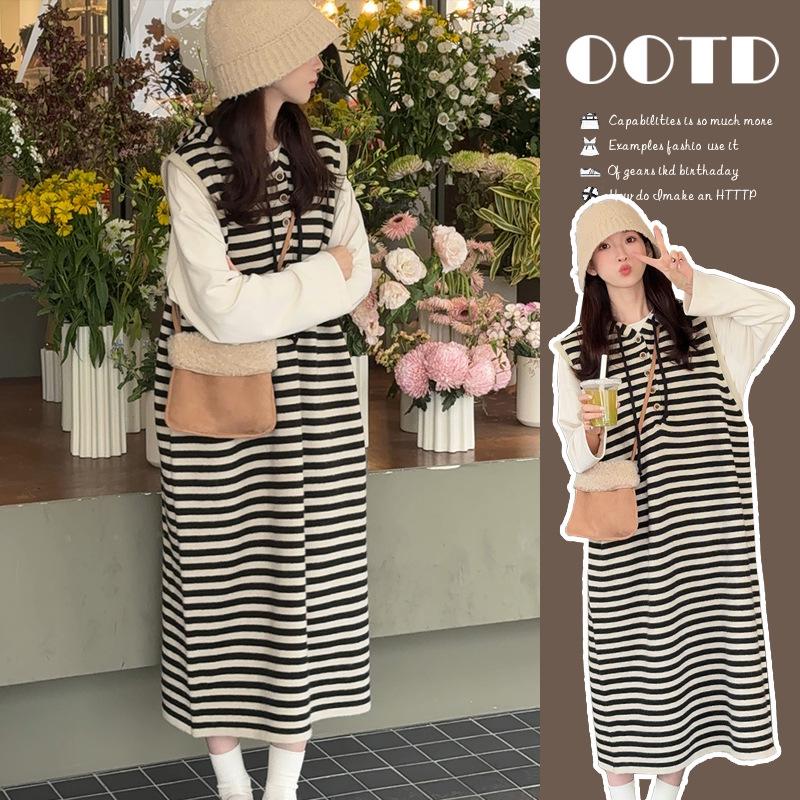 2026 Spring/Autumn Korean Style Loose Cotton Top + Striped Knit Vest Dress Set L