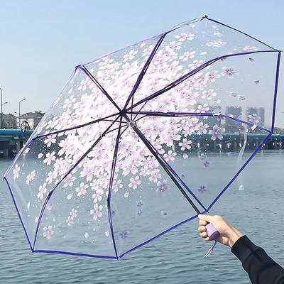 8k Folding Umbrella Cute Mini Fresh Simple Cherry Blossom Girl Umbrella Three Fold Cherry Blossom Transparent Umbrella