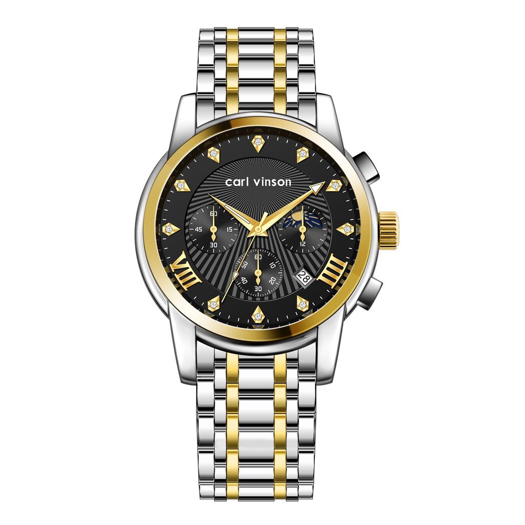 Men's Multi-function Watch Stainless Steel Strap Bow Buckle Men's Watch Moon Phase Waterproof Luminous Watch