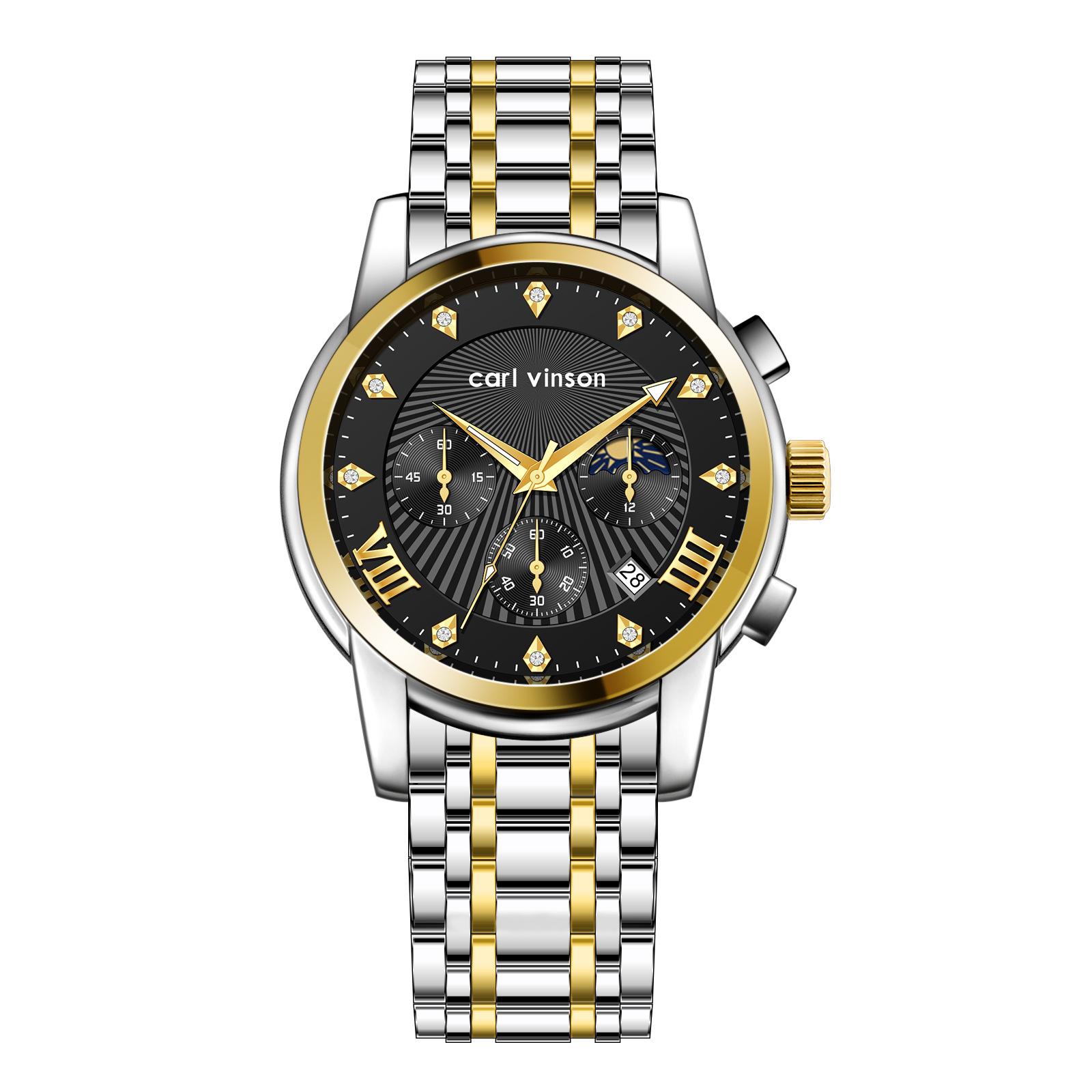 

Мужские многофункциональные часы Ремешок из нержавеющей стали Пряжка-бабочка Мужские часы Фаза Луны Водонепроницаемые Люминесцентные часы