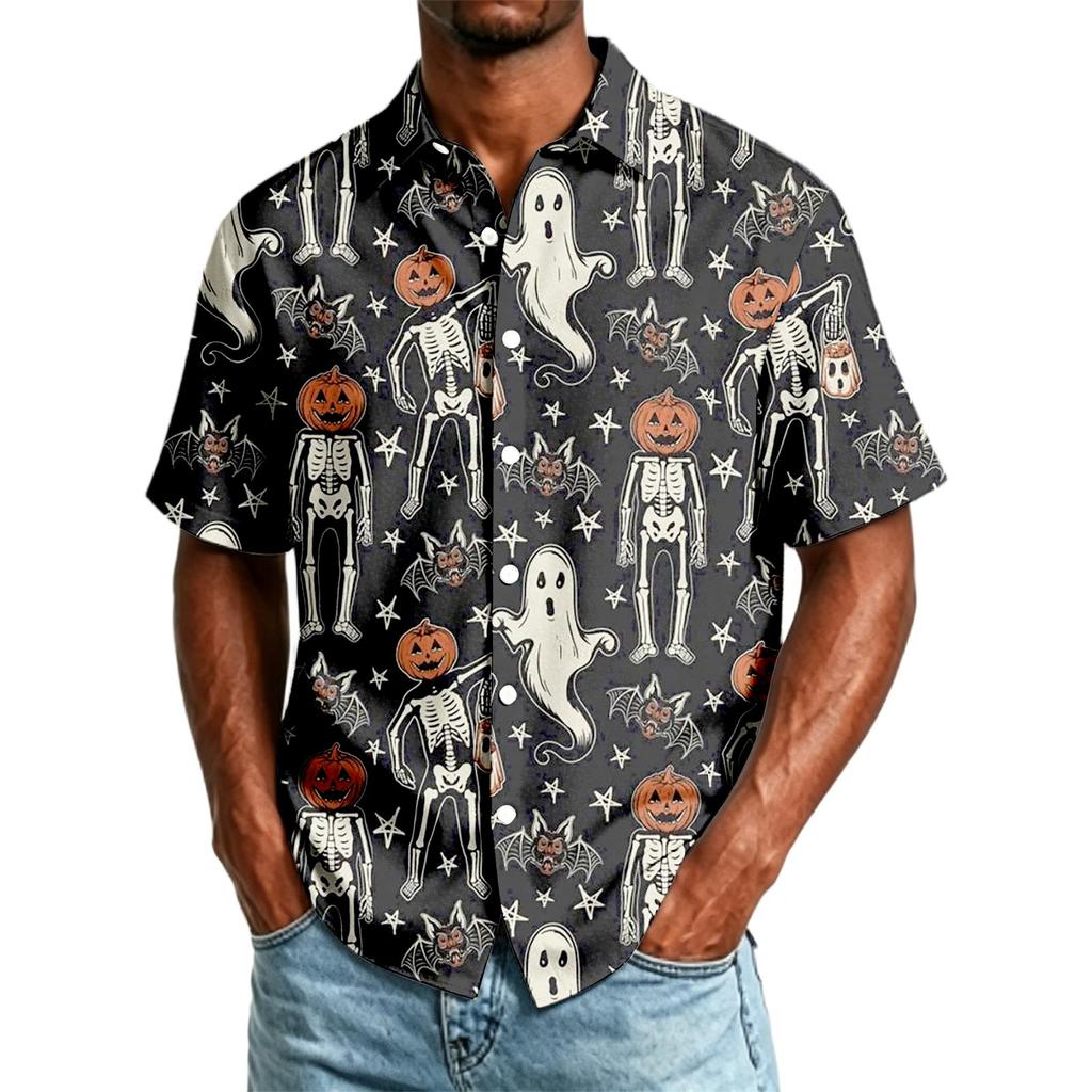 Camicia Casual da Uomo a Maniche Corte con Bottoni Stampa Teschio e Rosa Camicia Leggera Estiva per Attività all'Aperto e Uso Quotidiano