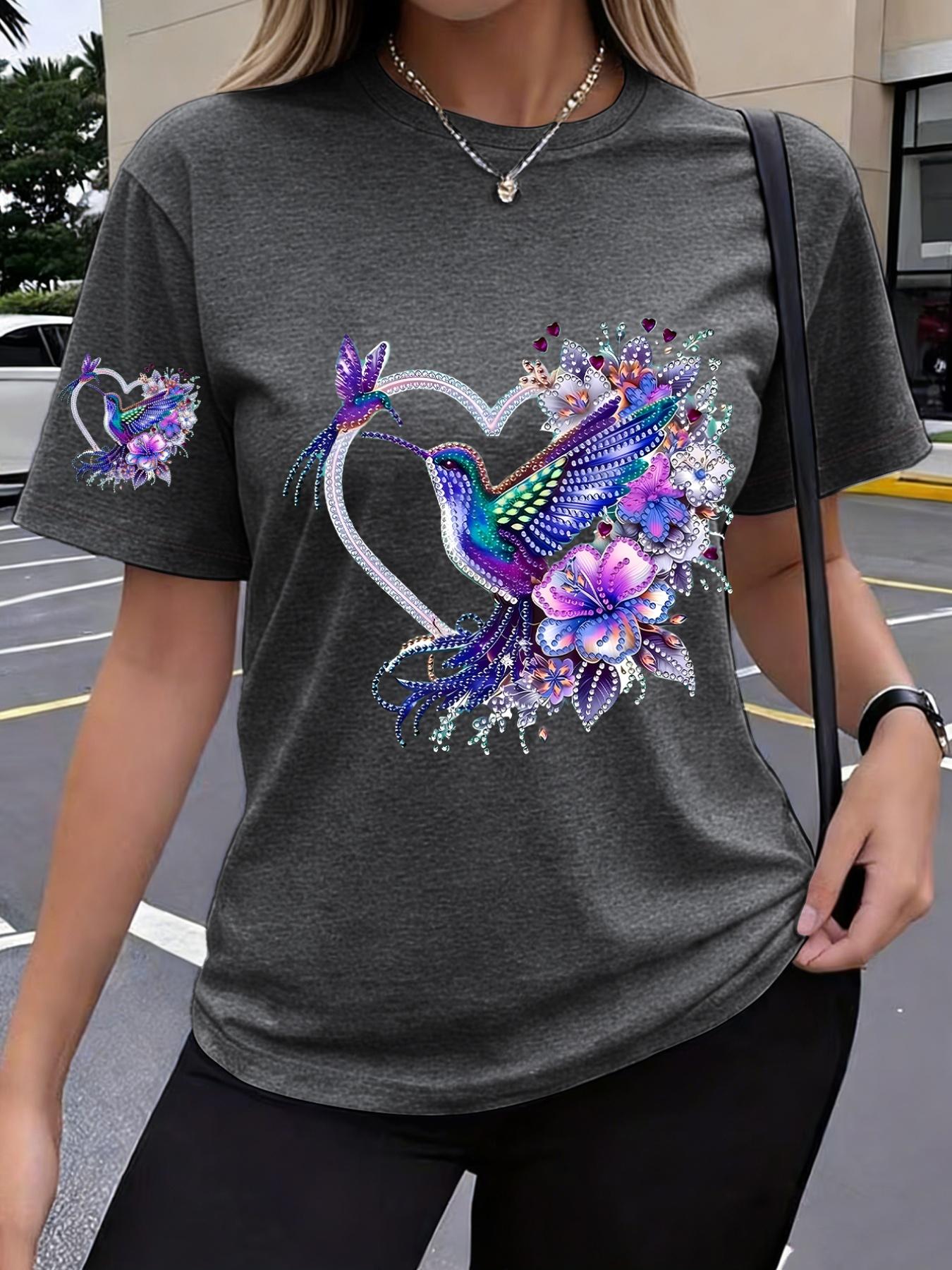 

Heart-Pattern Printed T-Shirt with Colorful Hummingbird and Floral Design. Fashionable Casual Style. New Summer Y2K Style Women s Sportswear. Sing S дубильная кора