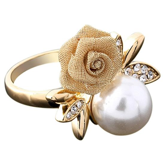Women's Fashion Rose Faux Pearl Clear Crystal 9K Gold Plated Ring Party Jewelry