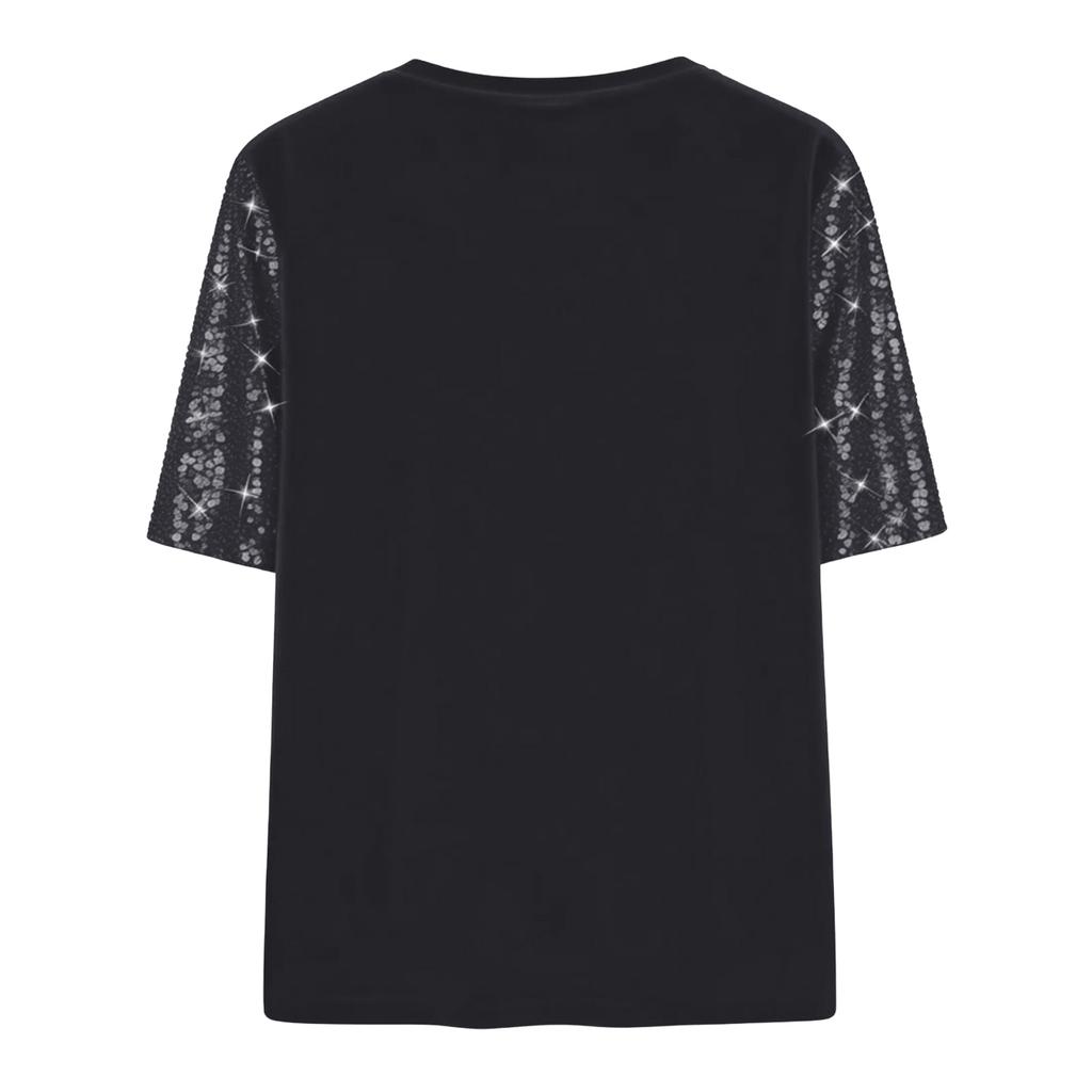 Women's Fashion Casual Round Neck Short Sleeve Patchwork Sequined Top