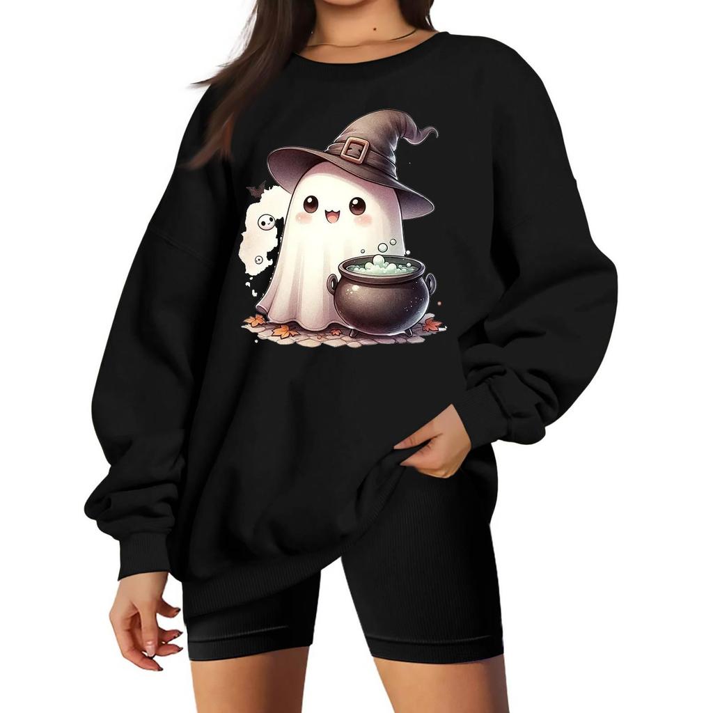 Women's Neck Long Sleeve Loose Fit Casual Sweatshirt Pullover Top with Halloween Print