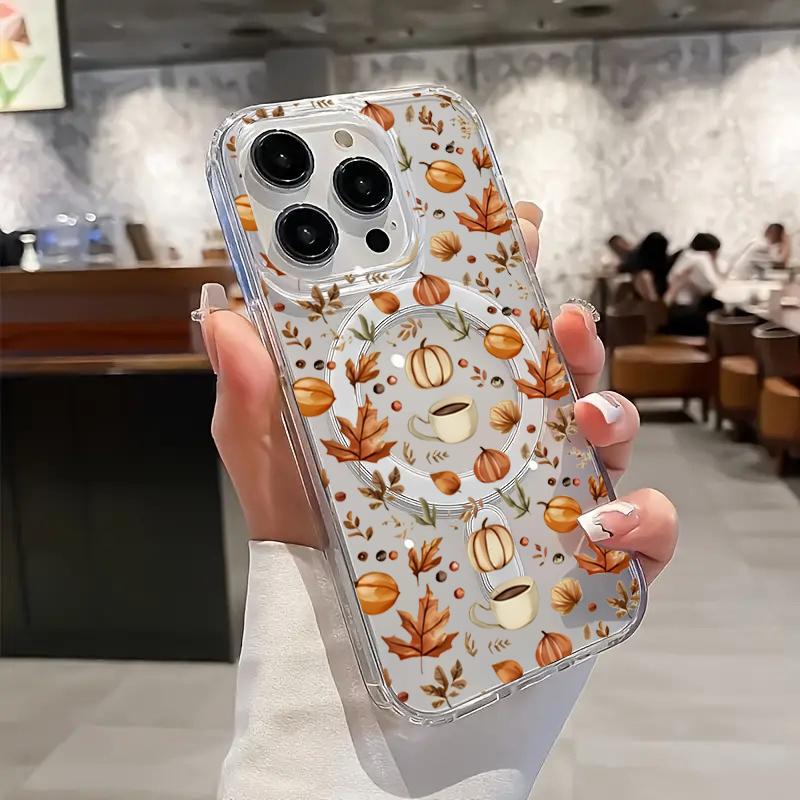 Pumpkin Autumn Leaves Coffee Phone Case for iPhone 17 16 15 14 13 12 11 Pro Max 16e 7 8 Plus X XR XS Magnetic Clear Hard Cover