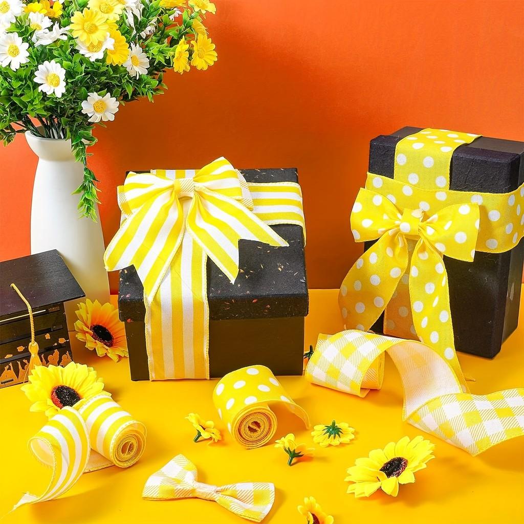 Festival Bee Delightful Yellow Checkered And Striped Burlap Ribbon For Festive Gift Wrapping And Arrangements Decorative