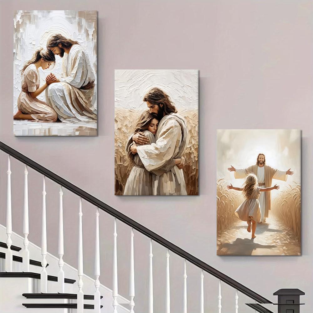Moderne Minimalistische Religieuze Figuur Decoratieve Schilderijen van Jezus en Biddend Meisje Olieverf Stijl Schilderij op Canvas Woonkamer