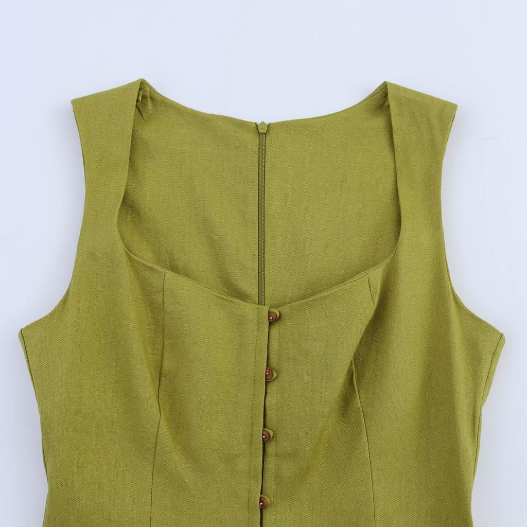 Women's A-line Long Dress Elegant Square Neck Sleeveless Wide Sling Maxi Dresses Lady Commute Button Dresses