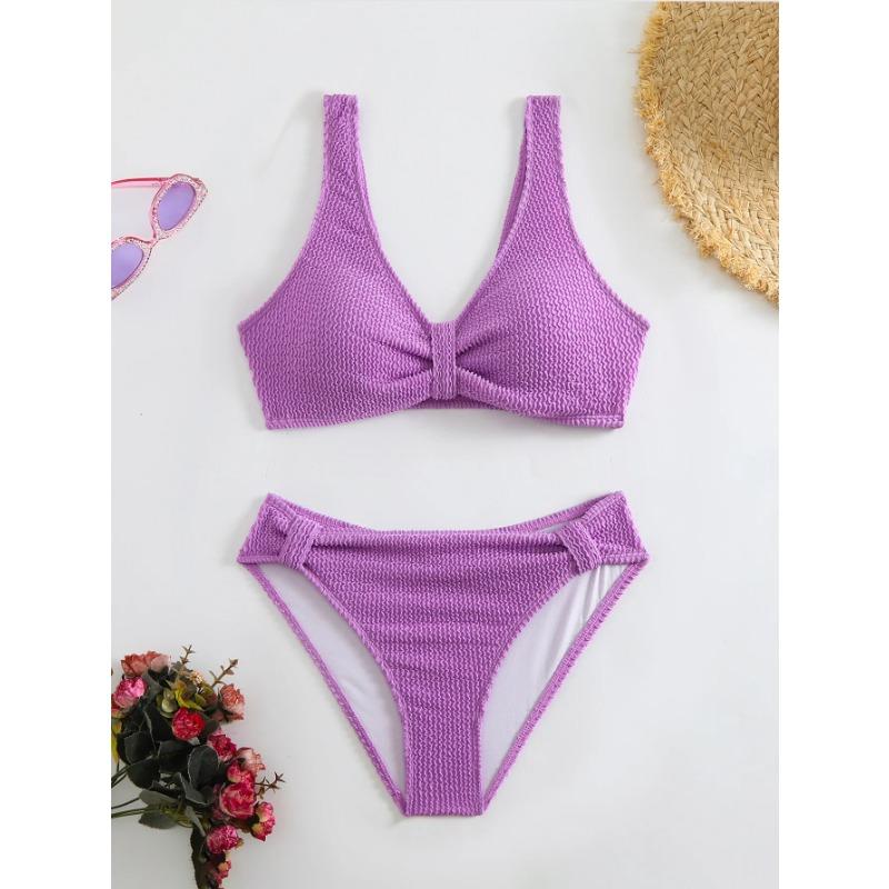 2025 Summer New Women's 2 Piece Swimsuit Solid Color High Waist Bikini Set V-neck Backless Beach Vacation Bathing Suit Swimwear