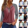 Women's Fashion Casual Raglan Sleeve Colorblock V-Neck Three-quarter Sleeve Decorative Button T-shirt Top