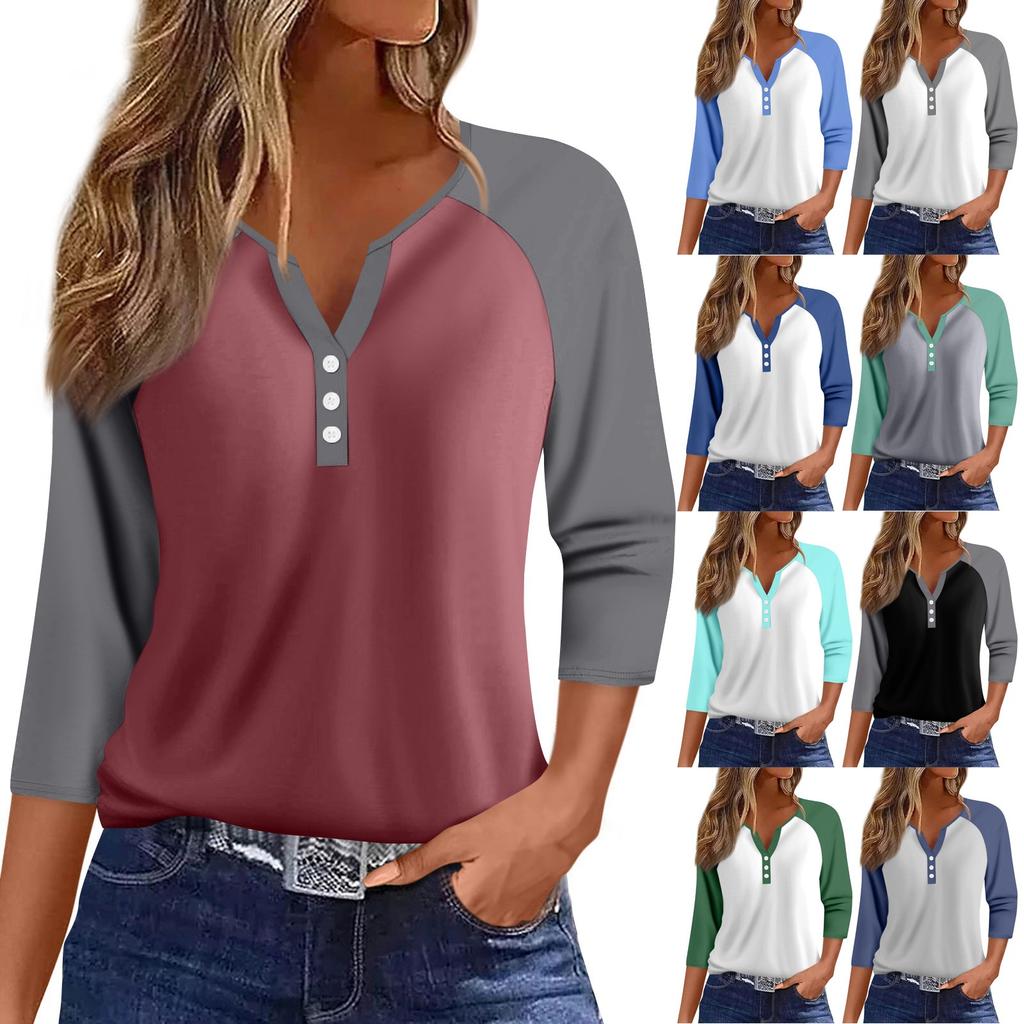 Women's Fashion Casual Raglan Sleeve Colorblock V-Neck Three-quarter Sleeve Decorative Button T-shirt Top