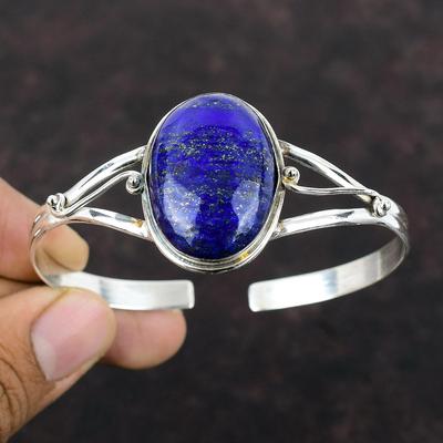 Lapis Lazuli Gemstone Bangle 925 Sterling Silver Cuff Bracelet Handmade Stylish Jewelry Adjustable Bangle Birthstone Jewelry Gift For Mother