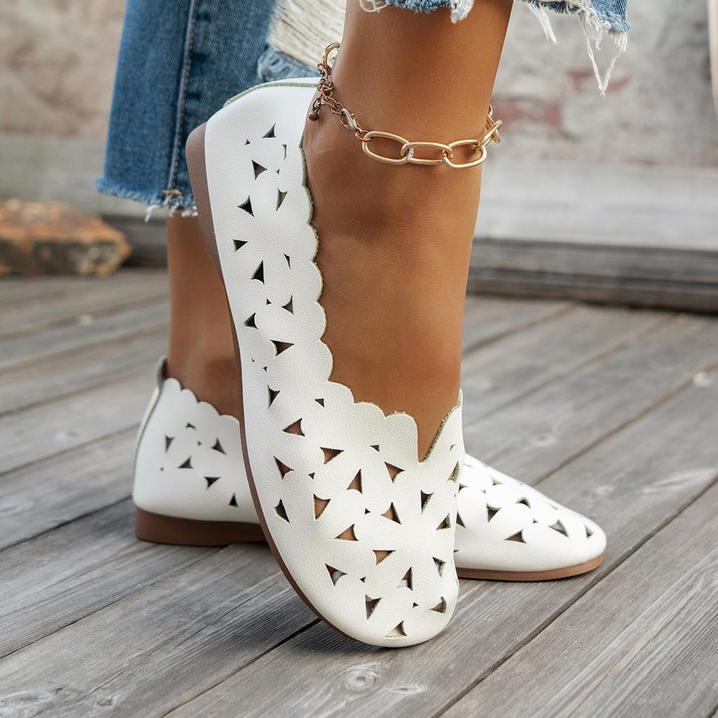 Women's Lefer Shoes, New Round-toe Flat White Perforated Single Shoes, Bow Tie Sandals