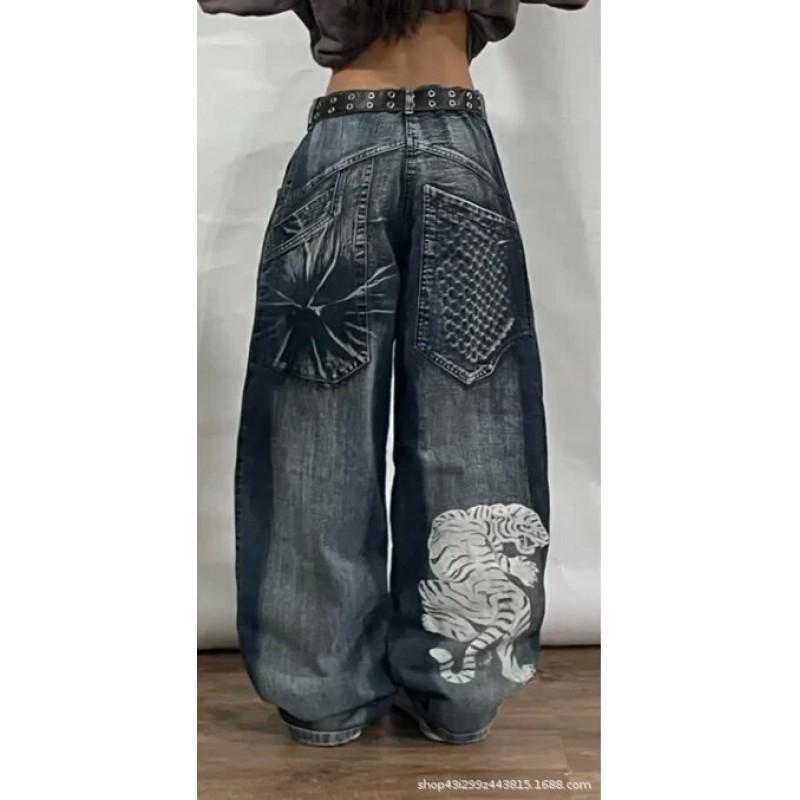 Jeans da Uomo Vestibilità Rilassata Denim Lavato Vintage Con Stampa Grafica Gamba Dritta Pantaloni Streetwear Autunno