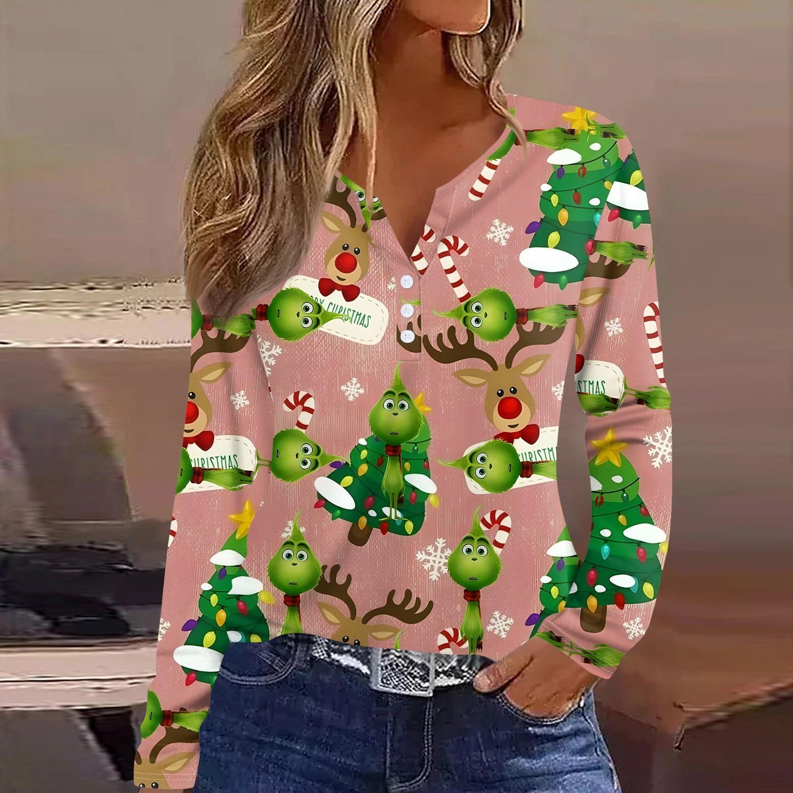

Женская футболка с рождественским принтом на пуговицах с длинным рукавом, повседневная, выходного дня, модная, базовая, с V-образным вырезом, обычная L розовый