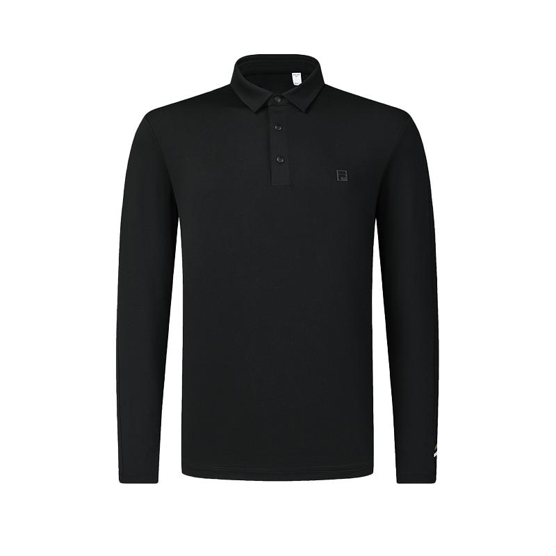 Fila Golf Series Logo Design Versatile Knitted Long Sleeve Polo Shirt Men Tops Deep-Black A11M515204F-BK