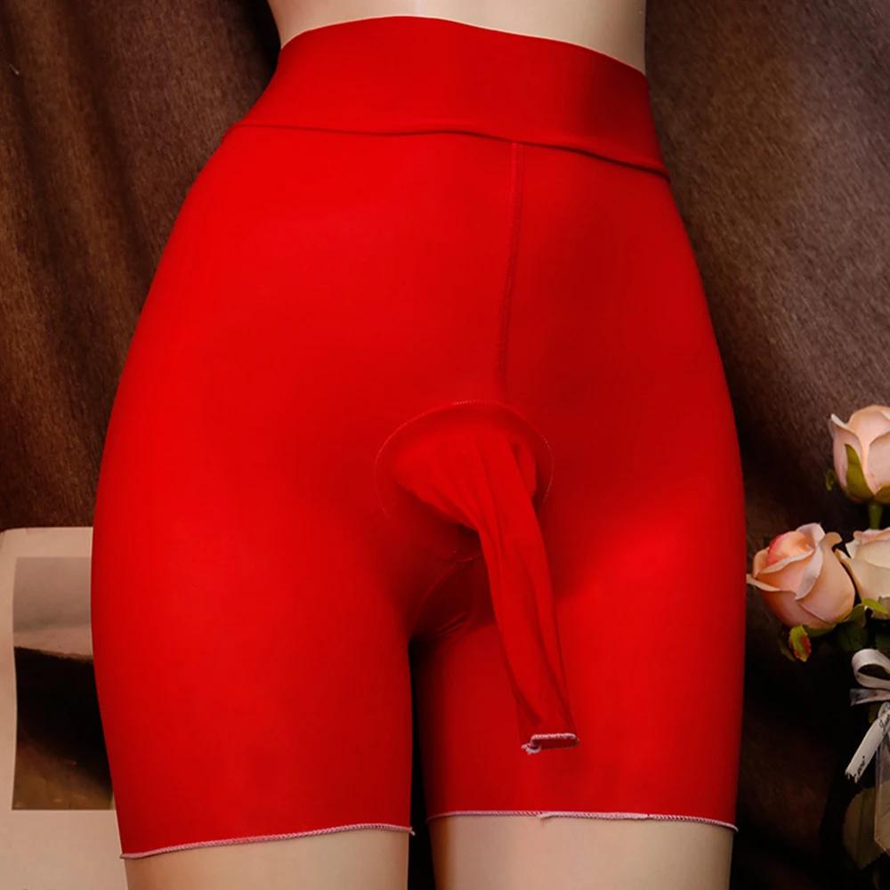 Sheer Shiny Ultra-Thin Boxer Short Men Pantyhose Sissy Penis Pouch Underwear High Waist Nylon Plus Size Open Peni Sheath Tights