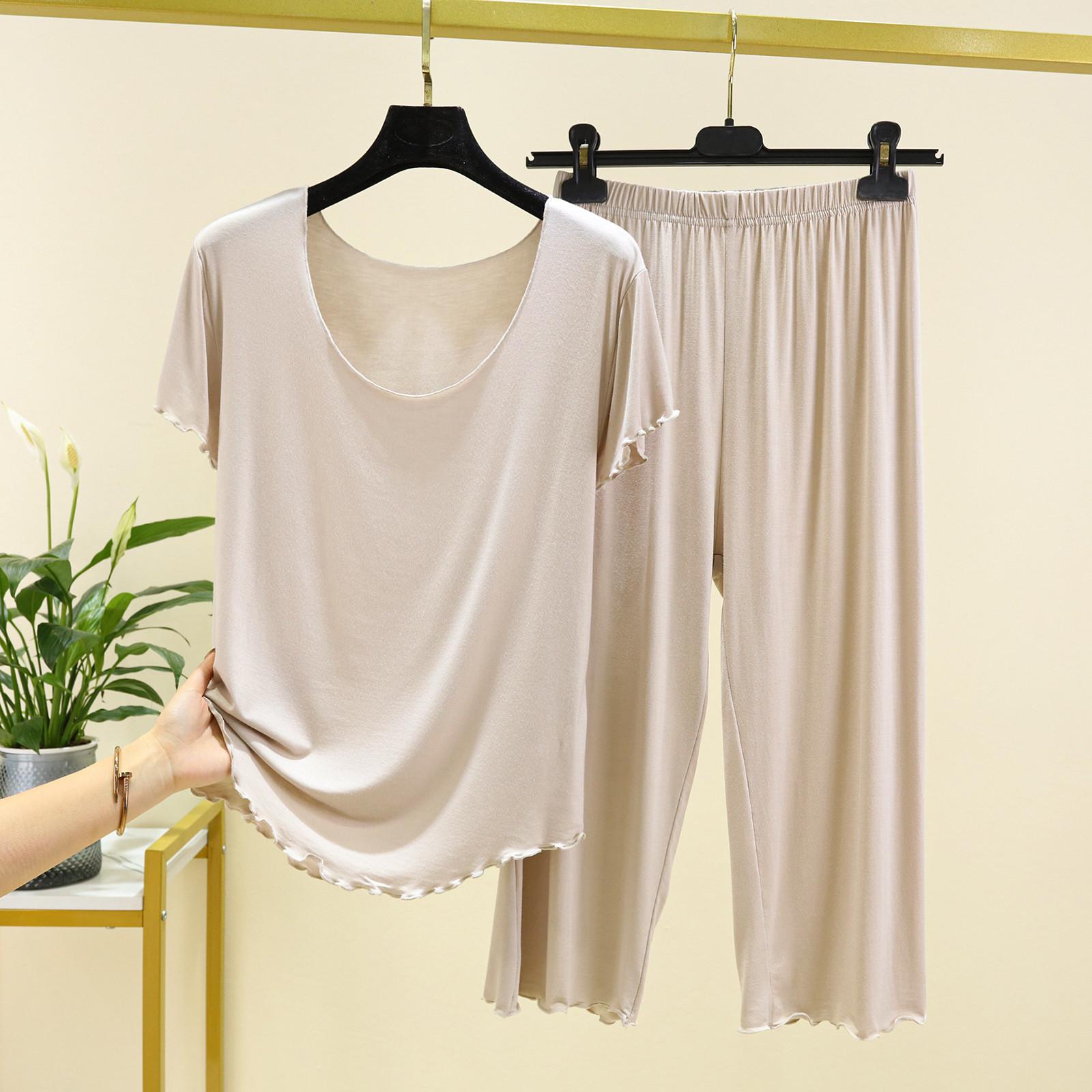 

Женская модная однотонная домашняя пижама с короткими рукавами, семь брюк, комплект с деревянными ушками L