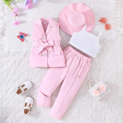 New Girls' Suit with Long Pants and Hat 4-Piece Set Elegant Children's Outfit