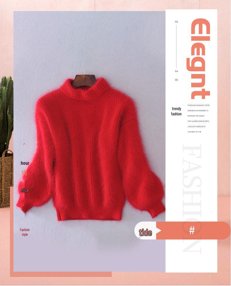 Korean Style Lantern Sleeve Mink Fur High Collar Pullover Sweater (2025)