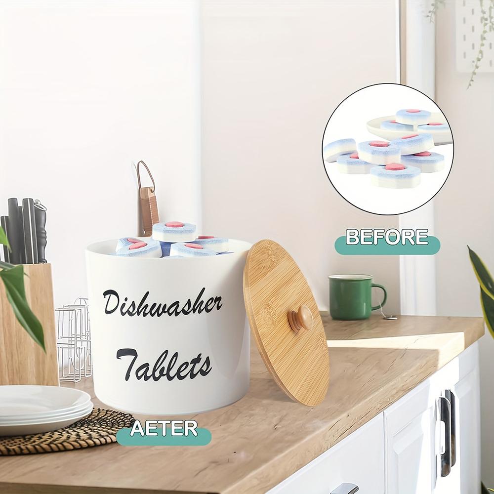 Dishwasher Pod Container with Lid Acrylic Dishwasher Detergent Container, Farmhouse Kitchen Tablet Organizer, Round