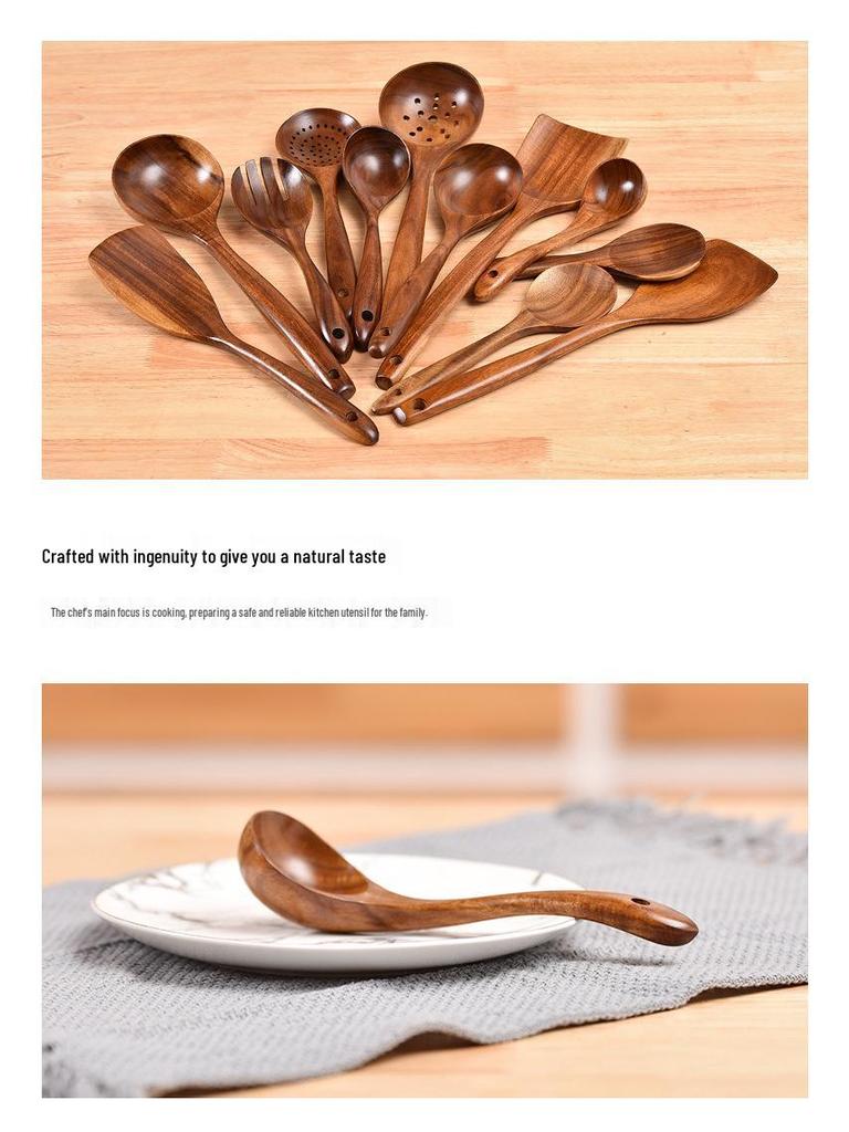 Set di pentole antiaderenti in teak thailandese: Spatola in Legno, Spatola per Saltare in Padella e Mestolo