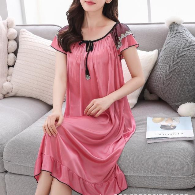 Summer Nightdress Lace Up Sleeping Comfortable Beautiful Faux Satin Summer Loose Nightgown Home Wear