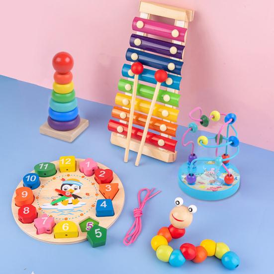 1 Set Wooden Educational Toy Kit with Xylophone Block Stacking Clock Rainbow Stacker Bead Maze Tangram Caterpillar Number Alphabet Learning Board Toy