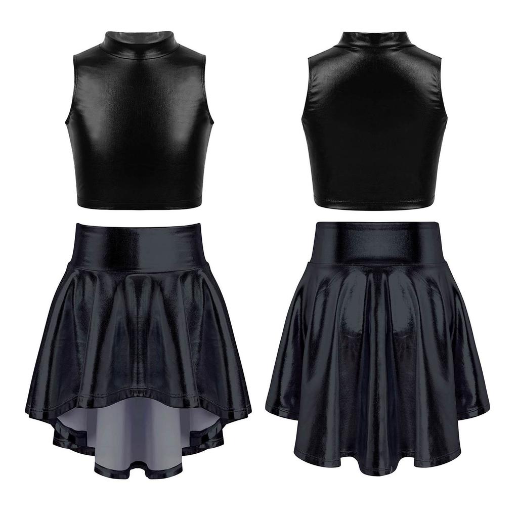 Cheerleading-Tanzkostüme für Mädchen und Kinder mit Metallic-Oberteilen und Rock mit unregelmäßigem Saum