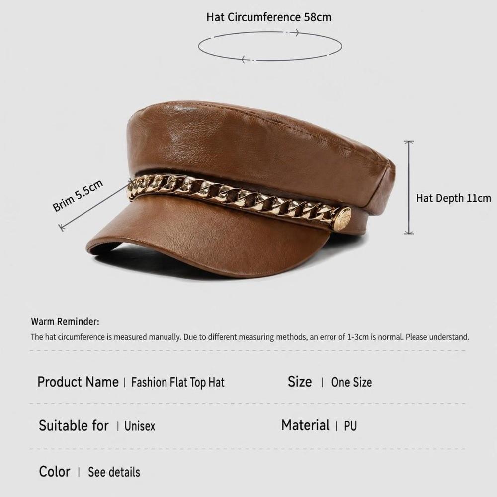 Metal Chain Decor Newsboy Cap PU Leather Flat Top Cap Stylish Baker Boy Cap For Women