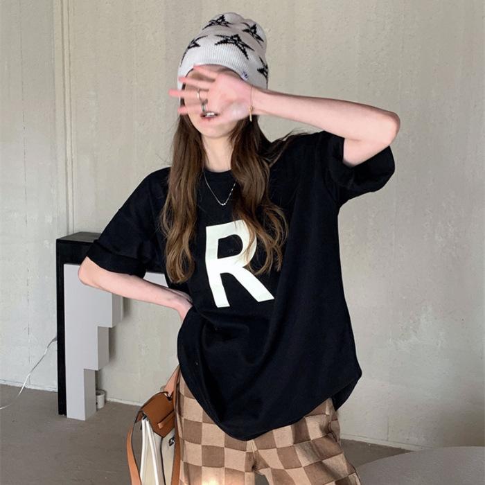 

[Combed tight pure cotton] Shoulder loose printing short-sleeved t-shirt women s summer new XXXXL