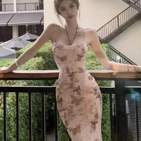 2026 Pure desire broken flower butterfly suspender dress fairy slim temperament design sense Spice girl long skirt spring and summer