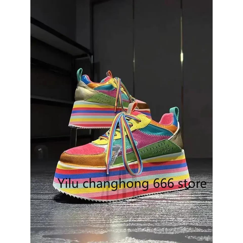 Spring Autumn New Women Colourful Sneakers High Platform Shoes Heels Chunky Casual Dad Shoe Genuine Leather Thick Bottom Fashion