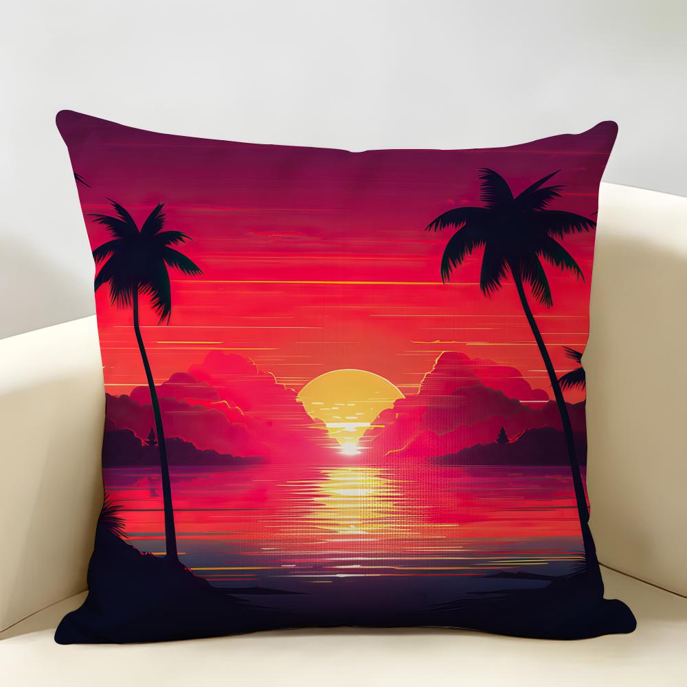 Sunset Palm Tree Fashion Cushion Cover Natural Linen Organic Fabric DoubleSided Printing Room Sofa Decor Pillow Case