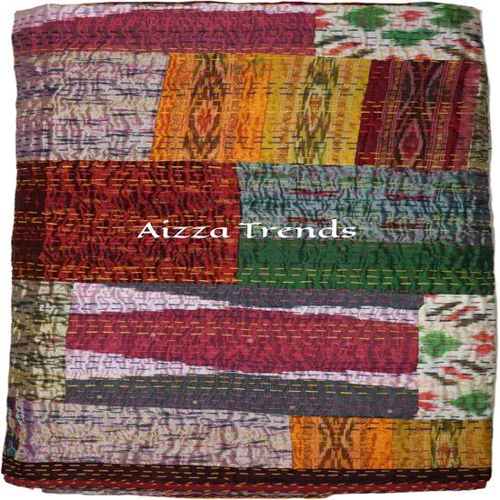 Aizza Trends Handmade Pure Cotton Patch and Patola Work Kantha Quilt - Traditional Indian Throw Blanket-Vintage Cotton Silk Saree Quilt