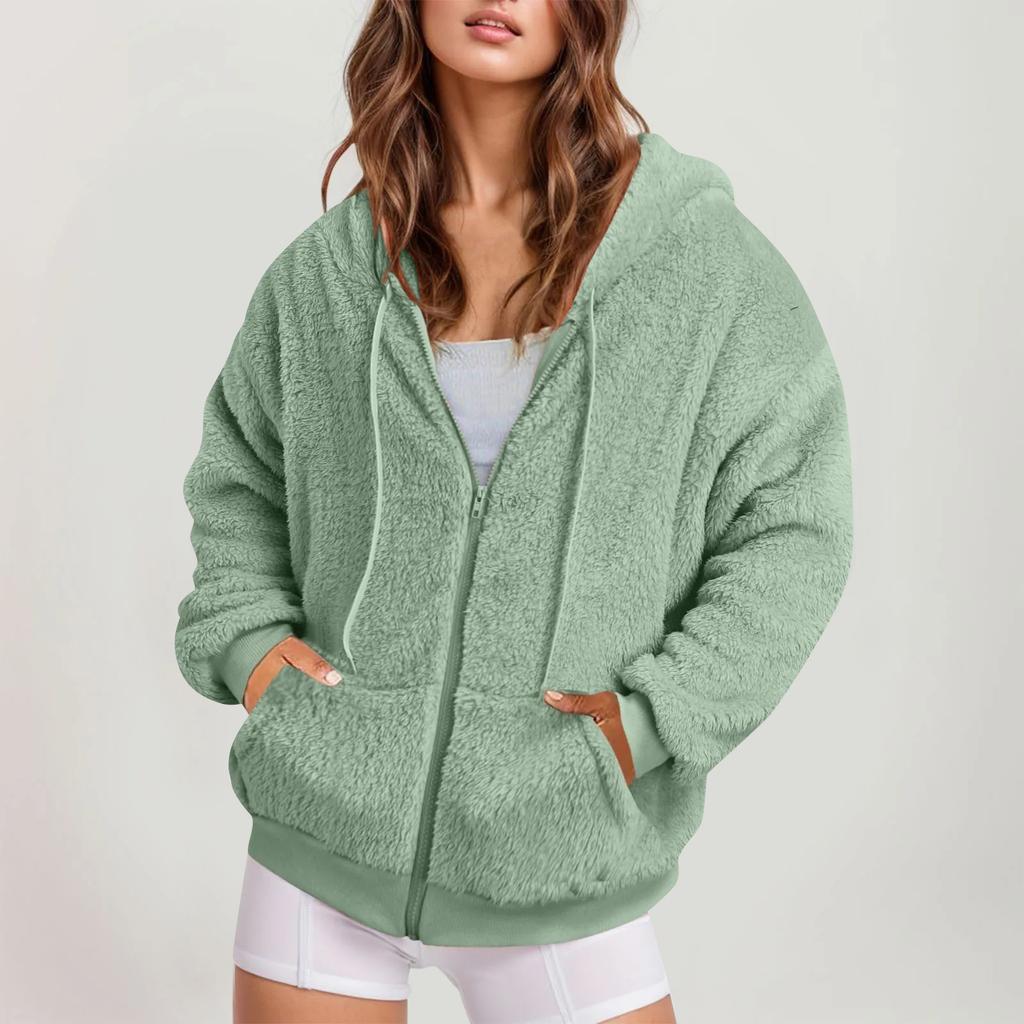 Women's Winter Fleece Windproof Zip Drawstring Front Pocket Outdoor Jacket Fleece Jacket