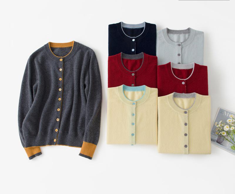 Women's Pure Cashmere Color Block Knit Cardigan - Button-Up, Round Neck, Versatile for Autumn and Winter.