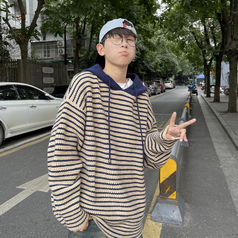 Men s Korean-Style Hooded Black & White Striped Wool Knit Cardigan Sweatshirt M имбирный/жёлтый