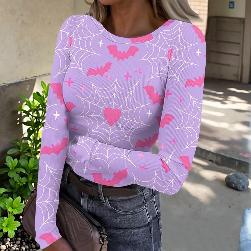 Women's Casual Ribbed Long Sleeve Top Halloween Print Round Neck Slim Fit Stretchy Knit Shirt for Fall Seasonal Wear