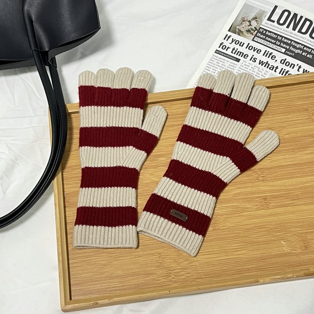 Wool Vintage Striped Long Finger Gloves with Autumn and Winter New Warm Wrist Protection for Women