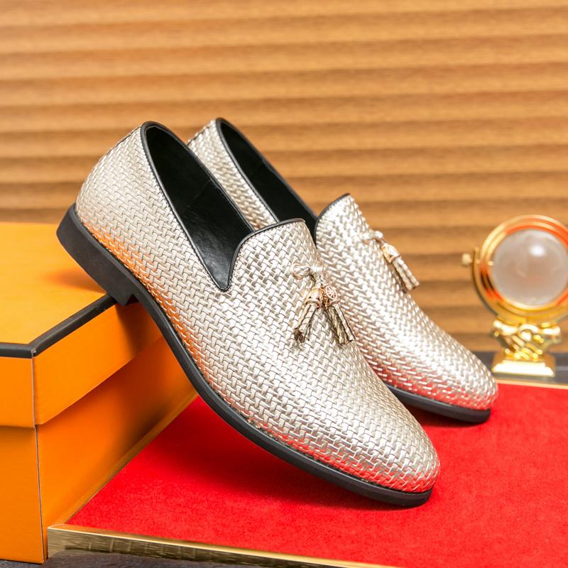 Nowe Luksusowe Metaliczne Połysk Tkany Wzór Męskie Buty Imprezowe Wsuwane Skórzane Mokasyny Buty Wizytowe na Bal Maturalny Ślubne Srebrne Buty Buty