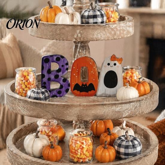 Customizable Halloween Letter Set Wooden BOO Ornaments, Lettering Decorations, Rustic Bat Pumpkin Ghost Playful Desktop Decorations Table Signs