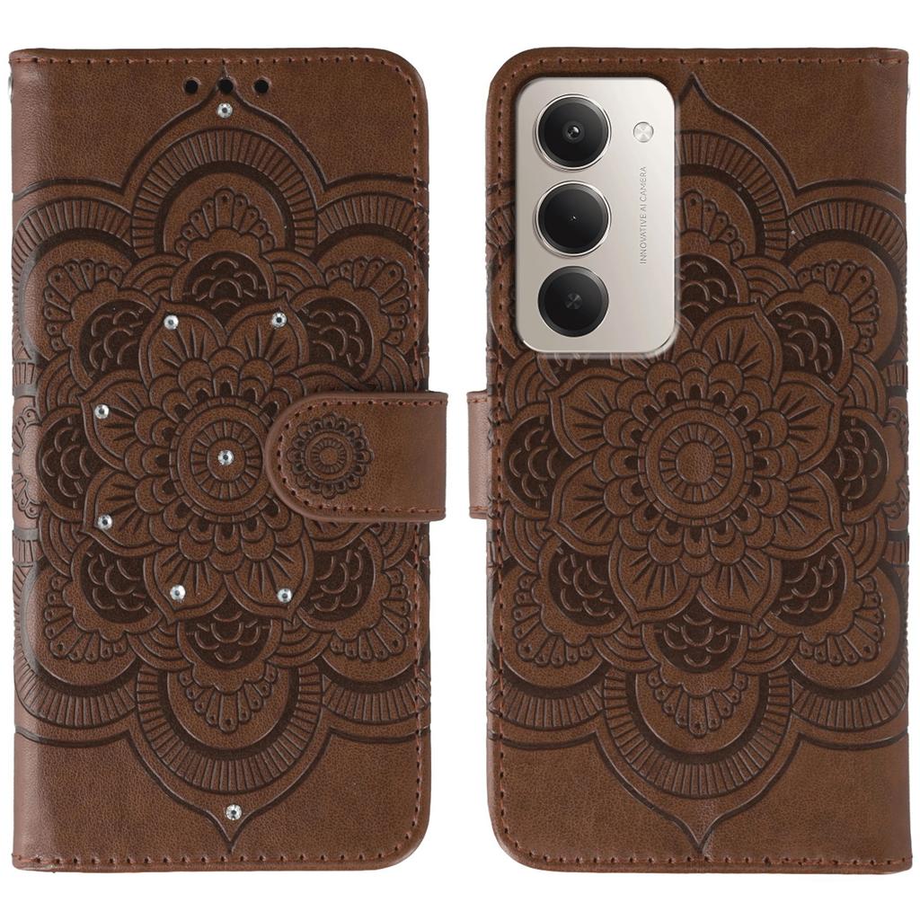 For Xiaomi Redmi 15 5G Case Rhinestone Decor PU Leather Mandala Imprinted Design Phone Cover with Wrist Strap