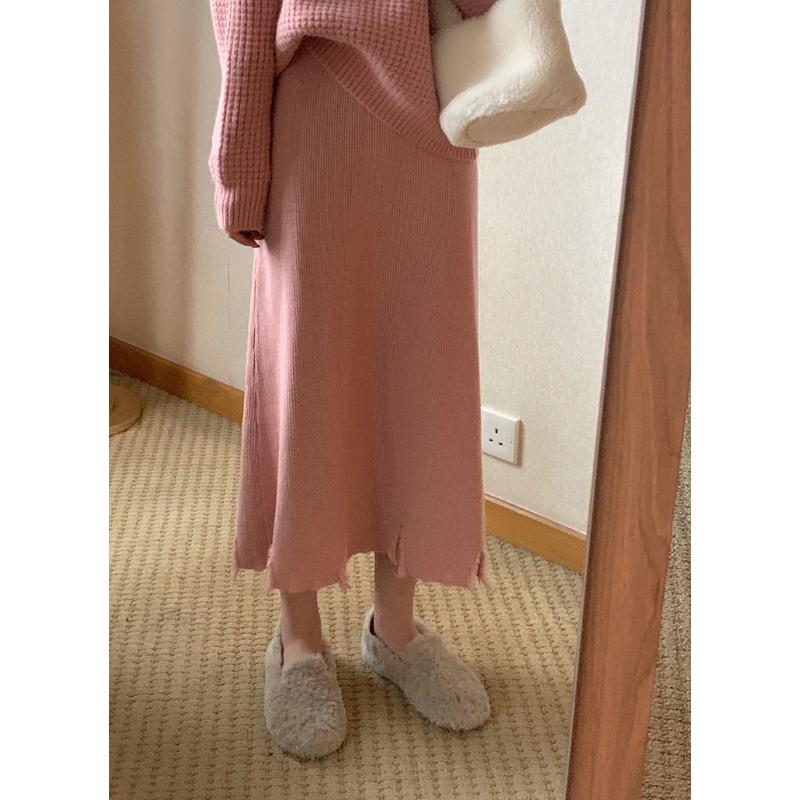 Korean Style Design Niche High Waist Knitted Skirt Slim Mid-length Irregular Bristle A-line Skirt for Women
